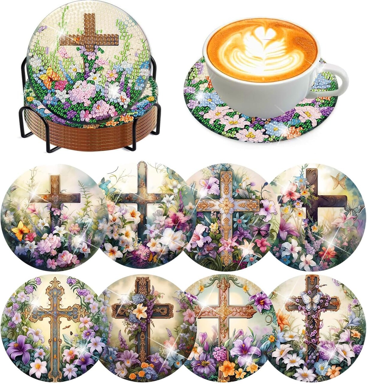 8PCS Diamond Art Coaster Kits – Christian Cross DIY Diamond Painting Coasters with Holder & Cork Pads, Crafts for Adults & Beginners